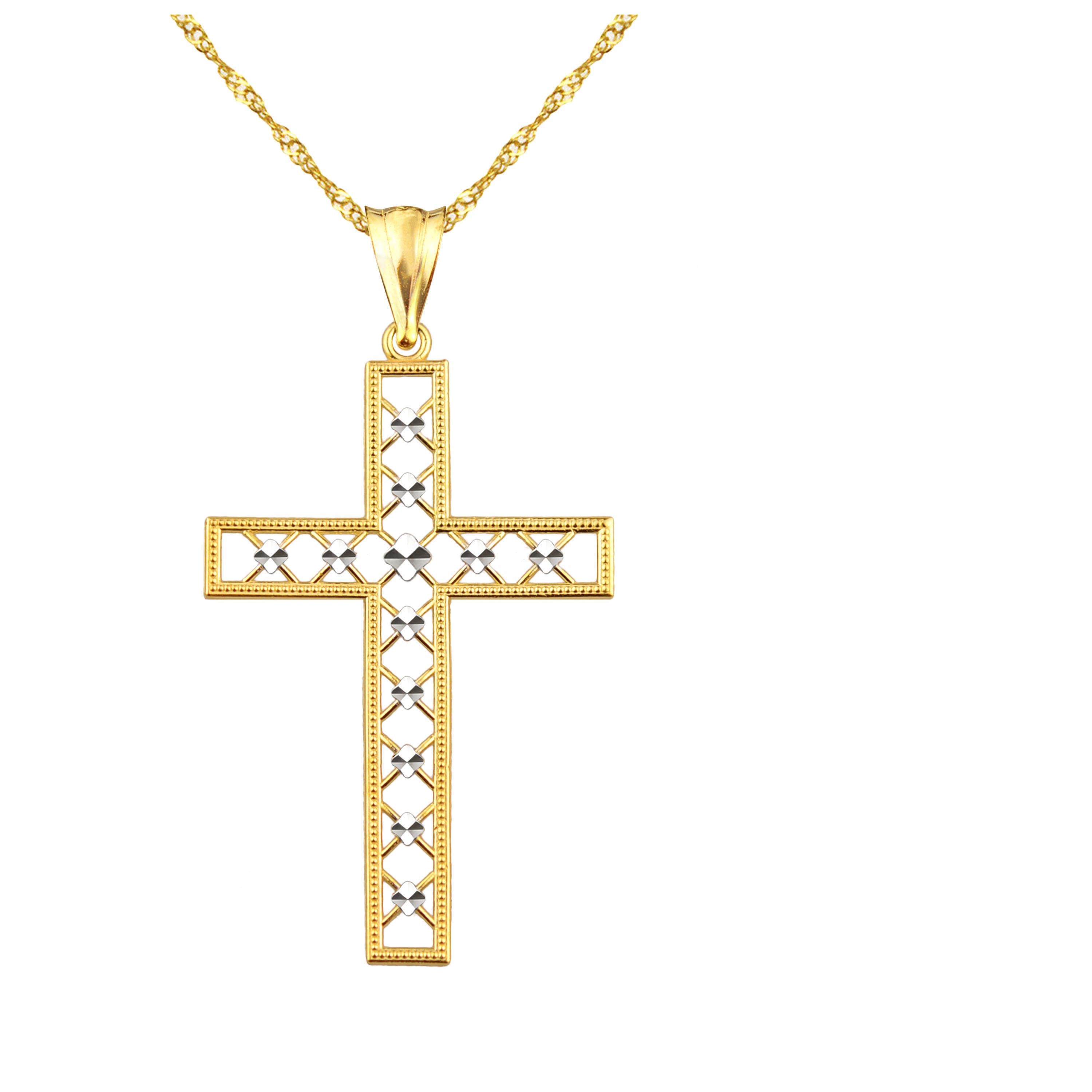 US GOLD Handcrafted 10kt Gold Diamond-Cut Lattice Cross Charm Pendant