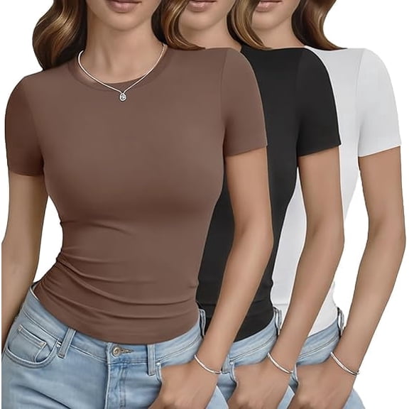 3 Pack Basic Tees for Women - Crew Neck Slim Fit Tight T Shirts Cute Y2K Trendy Crop Tops Clothes for Casual Summer(Size: Small)