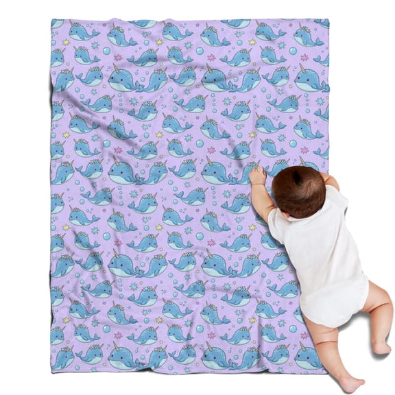 Purple Cartoon Narwhal Pattern Blanket,Comfortable Soft Flannel Throw Blanket,All Season,Warm Lightweight Blankets for Sofa Bed Couch Living Room Chair,30"x40"