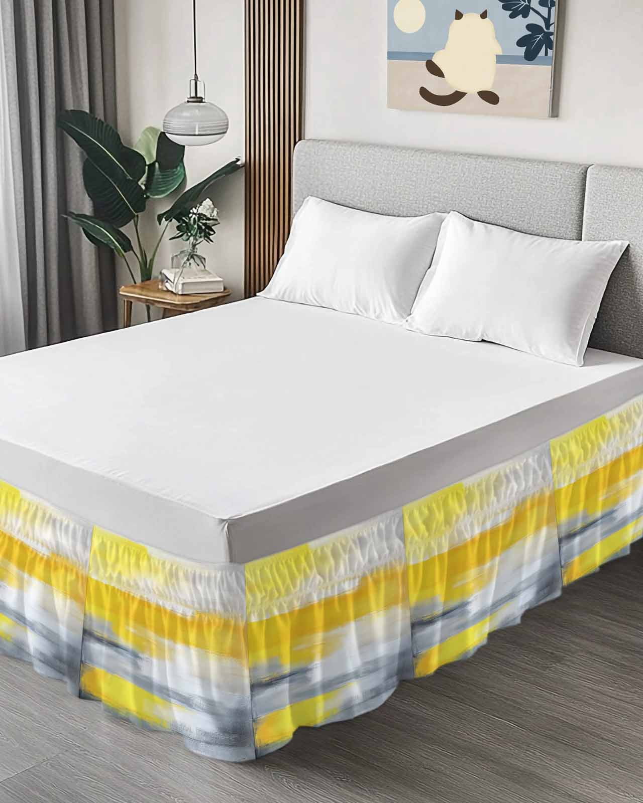 Yellow Gray Wrap Around Bed Skirts for Queen Bed 18" Drop,Bed Skirt with Adjustable Elastic Belt Dust Ruffle Bed Valance for Bedroom Hotel Contemporary Oil Painted Abstract Modern Bed Frame Cover