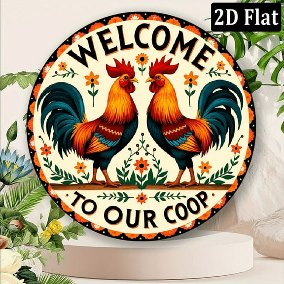 1pc Vintage Chicken Coop Welcome Sign,  Round Aluminum Wall Decor, Waterproof Art with Colorful Rooster Design, Fantasy Animal Theme for Indoor_Outdoor Use, Garden Decoration Vibrant  8*8inch
