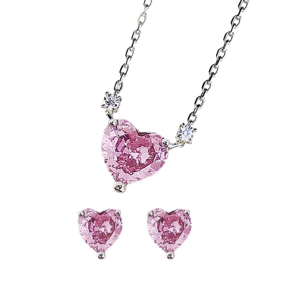 AYYUFE Women Earring Necklace Set Pink Rhinestone Heart Shape Pendant Stainless Ear Neck Decoration Jewelry Prom Wedding Party Jewelry Set,Pink