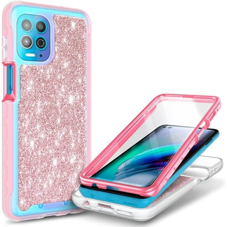 Nagebee Case for Motorola Moto G100 / Moto Edge S with [Built-in Screen Protector], Full-Body Shockproof Protective Bumper Cover Impact Resist Durable Case (Pink Glitter)