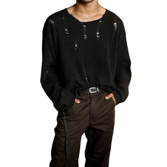 DHFJKG Hallow Out Ripped Sweater Mens Streetwear Long Sleeve Loose Fit Knit Pullover With Openwork Distressed Design Cozy Jumper Tops