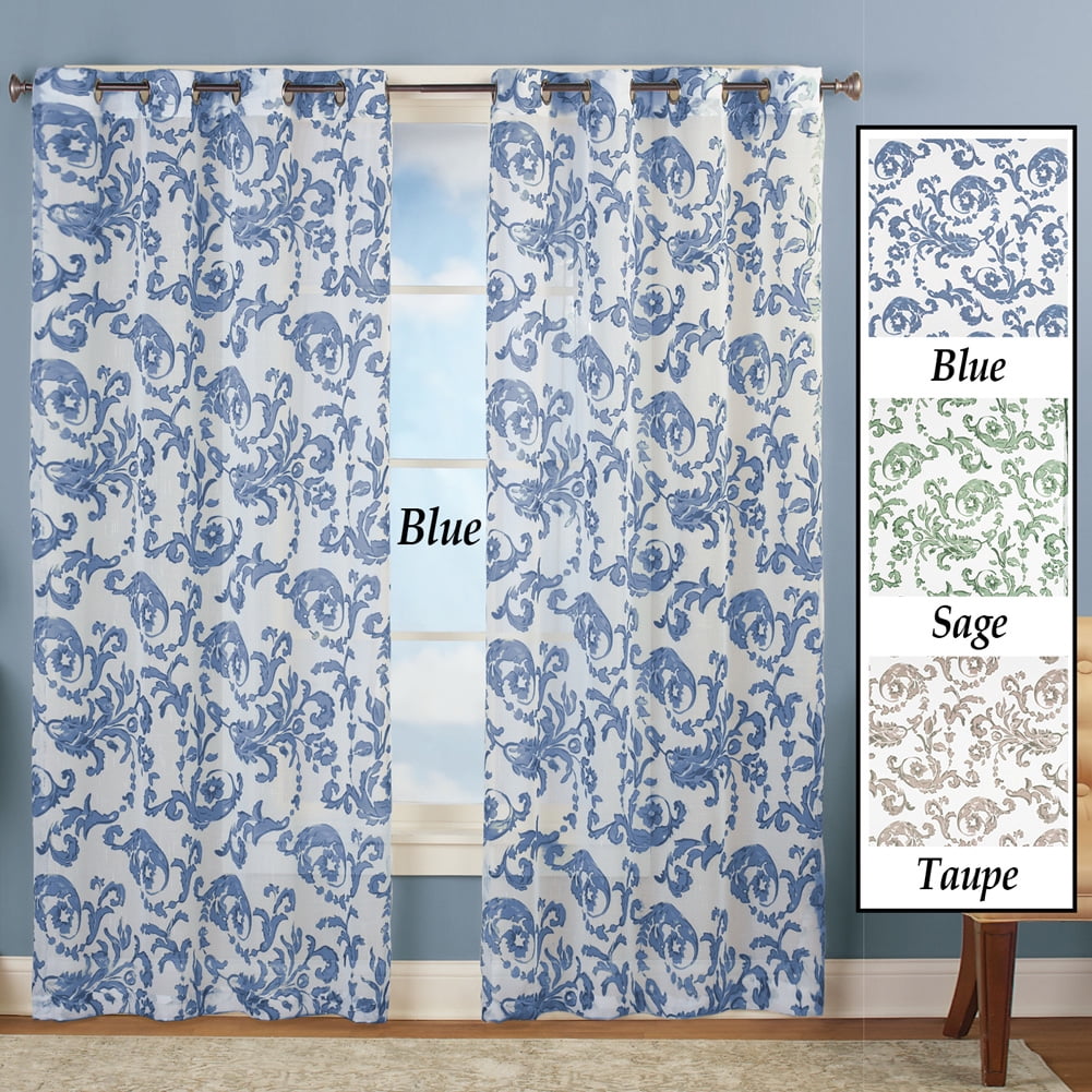 Grommet Top Sheer Curtain Panel with Floral Scroll Linen Pattern, Blue
