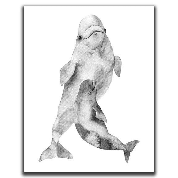 K&L DESIGN CO. Beluga Whale Wall Art - 11x14" Unframed Print, Black and White Watercolor