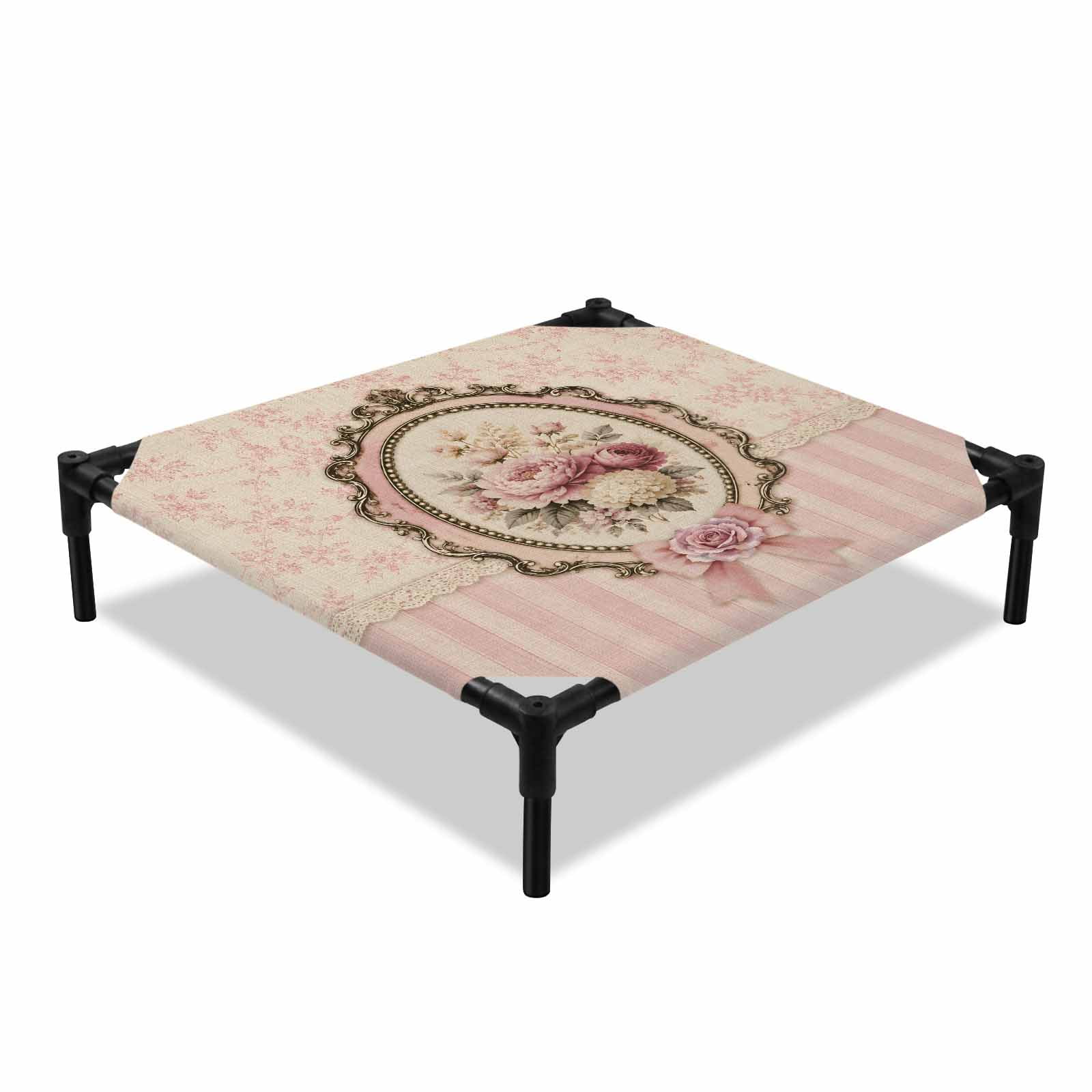 Vintage Floral Frame Elevated Dog Bed Rustic Pink Floral Stripes Cooling Breathable Outdoor Raised Dog Cot Bed with Metal Frame Non-Slip Feet for Small Dog 20x20in