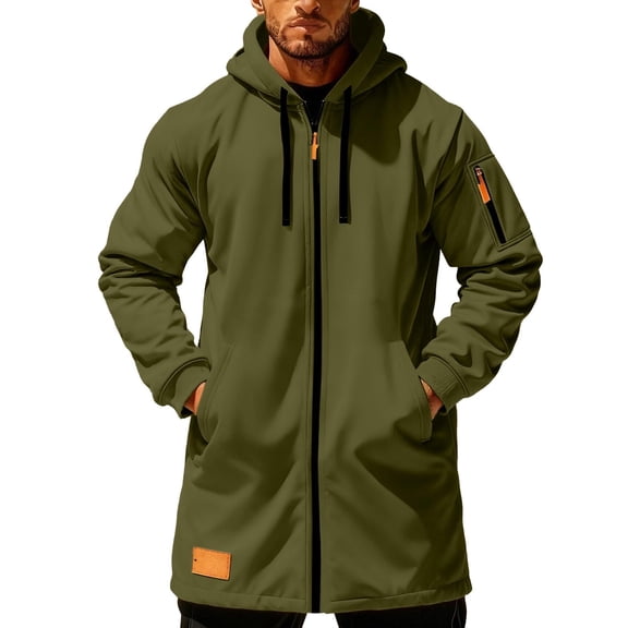 CharmCyan Men Longline Hooded Jacket Full Zip Front Casual Outerwear with Sleeve Pocket and Adjustable Drawstring Hood Army Green L