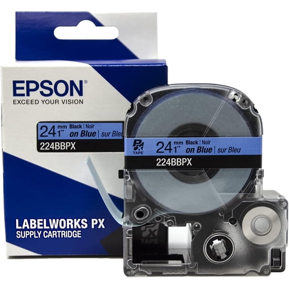Epson LABELWORKS 224BBPX - Black on Blue PET Label Maker Tape - 1" (24MM) Wide, 30'