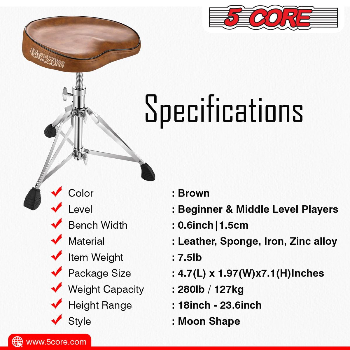 Drum Throne Padded Guitar Stool Adjustable Heavy Duty Saddle Music Chair Seat Universal for Adults & Kids with Anti Slip Rubber Feet  -Brown