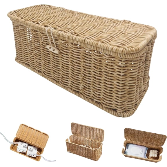 Handwoven Rattan Cable Management Box,Hand-Woven Rattan Cable Organizer Box with Safety Lock,Rattan Cable Management Basket,Boho Decorative Cord Organizer & Wire Hider for Desk, Nightstand