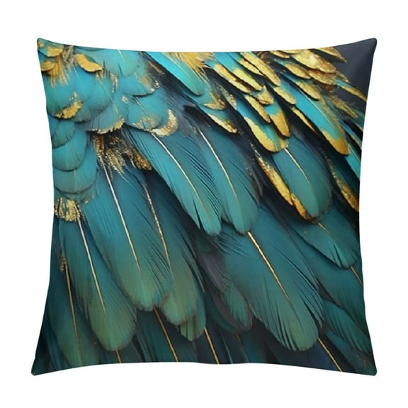 Creowell  Feather Glitter Teal and Gold Throw Pillow Cover Modern Warm Pillow Cases Square for Home Decor Bedroom Sofa Living Room Cushion Cover