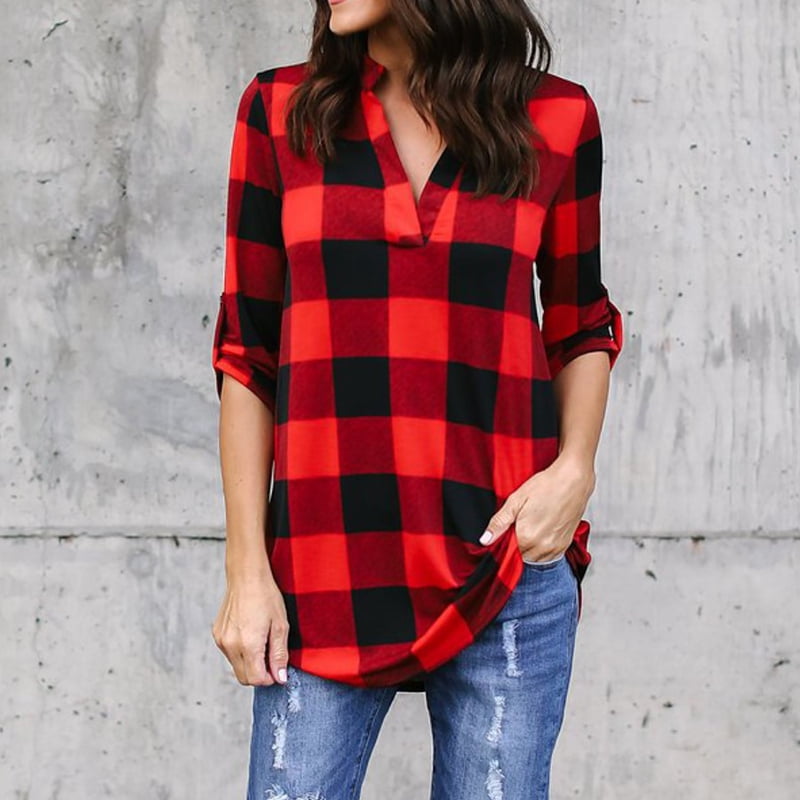 Women Plaid Loose Shirt V Neck Long Sleeves Roll-up Oversize Long Blouse Casual Tops | Walmart 