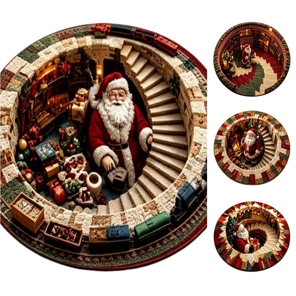 Christmas 3D Round Area Rug, Santa Optical Illusion Floor Mat, Festive Non Slip Low Profile Carpet For Living Room