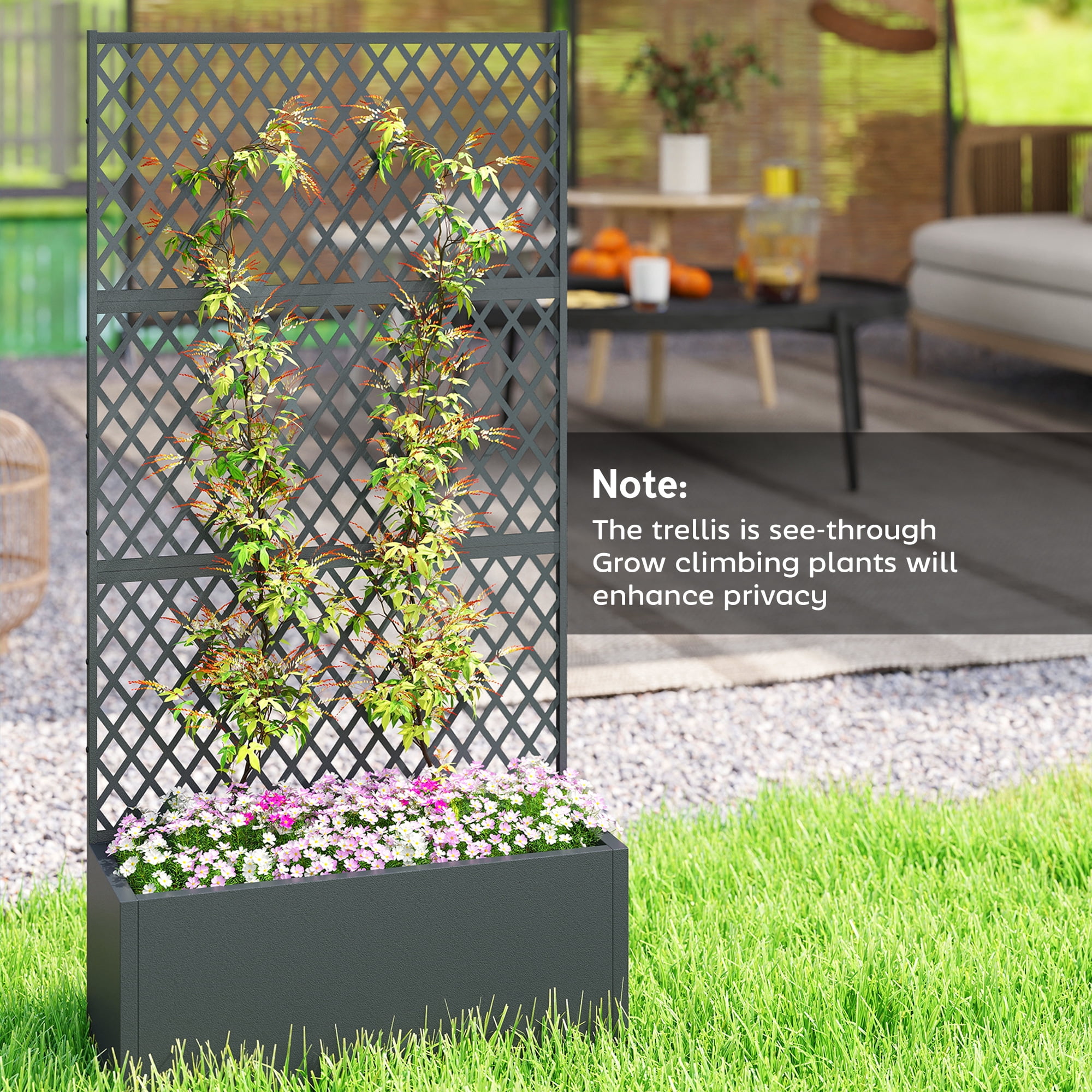 Outsunny Metal Planter Box with Trellis, Raised Garden Bed with Trellis Privacy Screen for Climbing Plants, Diamond Lattice Privacy Planter
