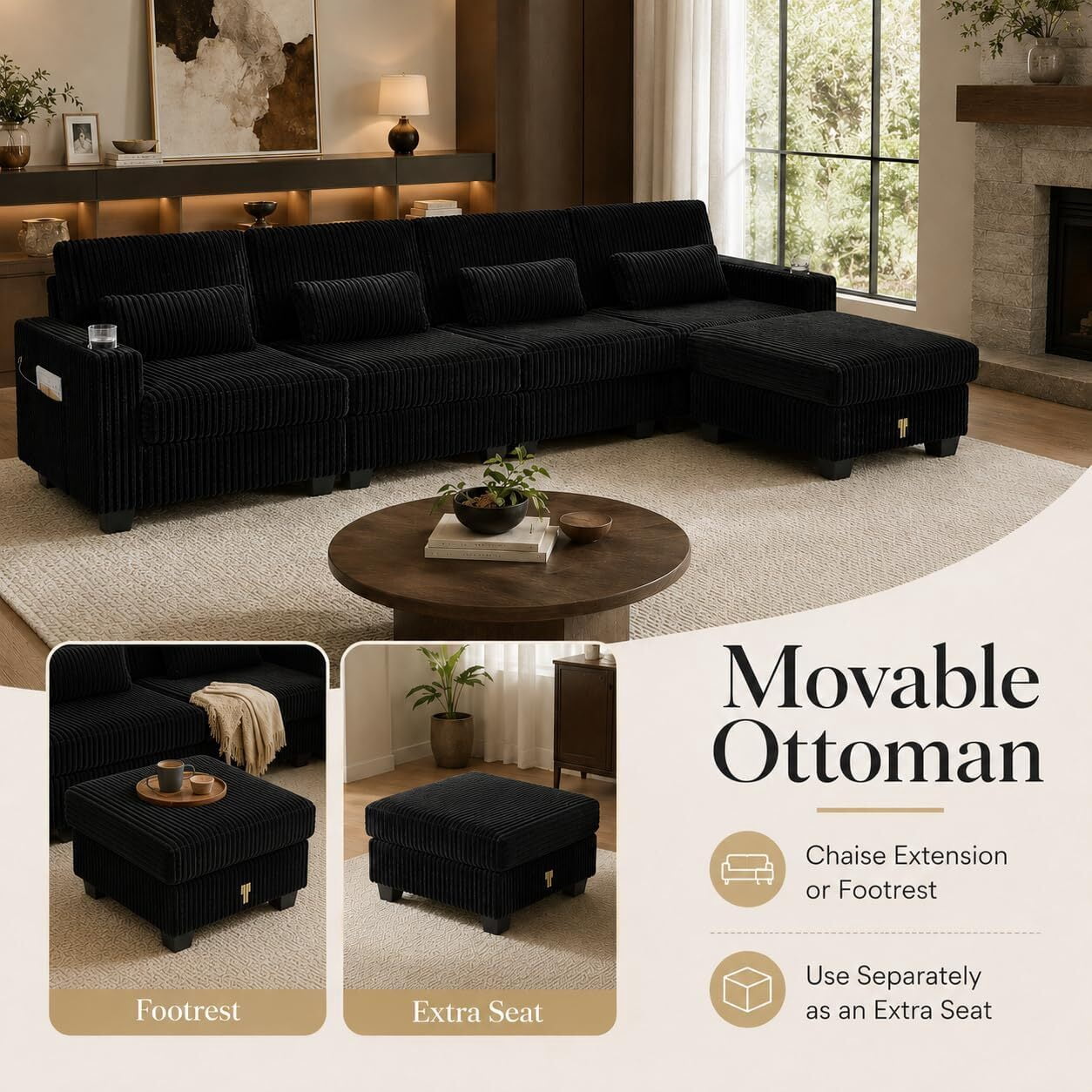Howcool 125" 5 Seat Modular Sectional Sofa, L Shaped Deep Seat Cloud Couch with Movable Ottoman, Corduroy Sofa with Cup Holders & Lumbar Pillows for Living Room, Black