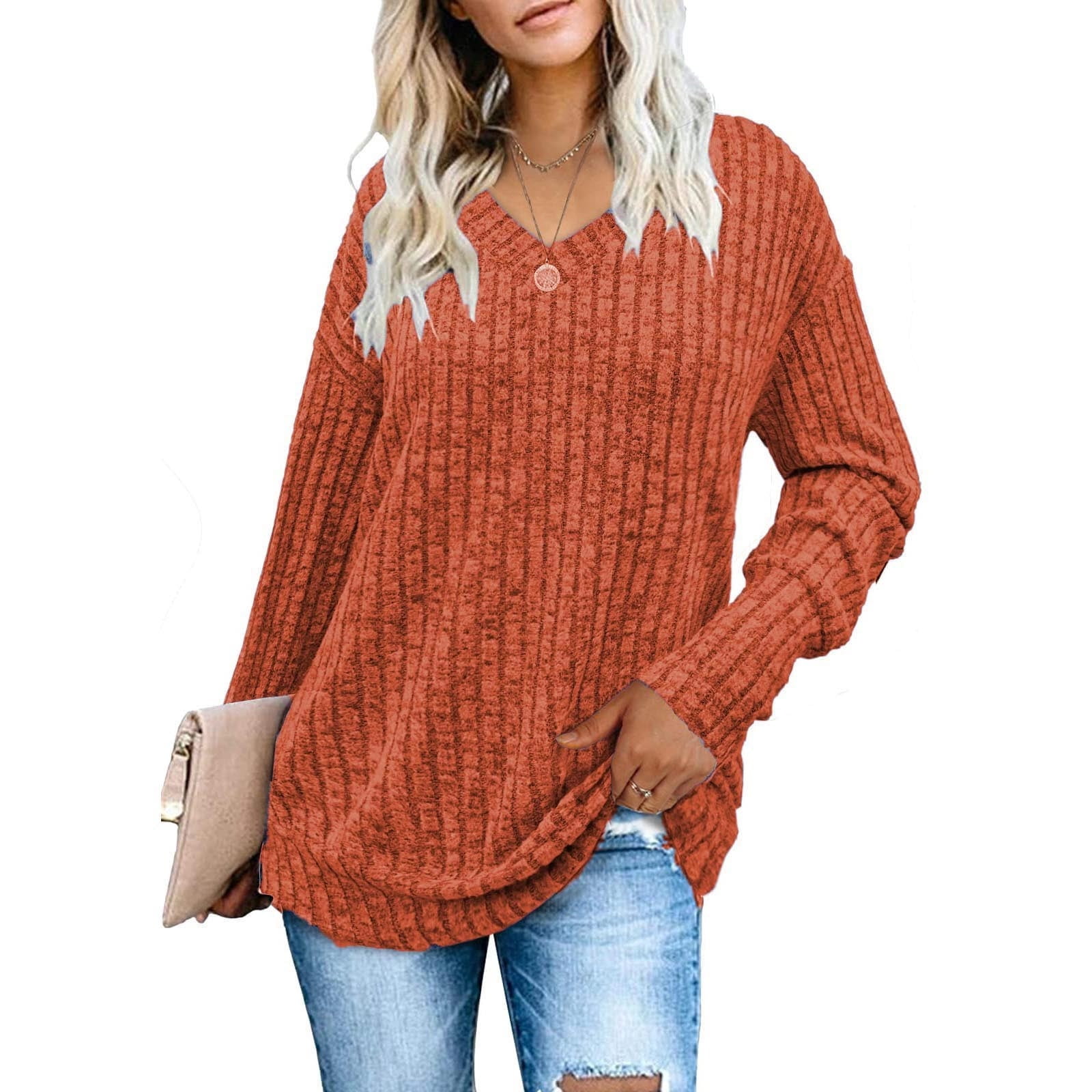 BXINGOHAI Womens V Neck Sweaters Solid Long Sleeve Pullover