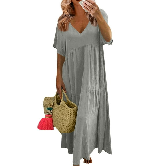 Mohiass Womens Summer Dresses 2025 Plus Size Short Sleeve V Neck Boho Maxi Dress Loose Casual Beach Long Sundresses Light Gray 5XL
