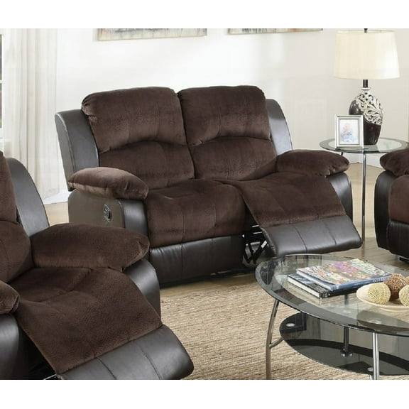 Chocolate Padded Suede Loveseat in Living Room - Features Metal Reclining & Faux Leather Cushion