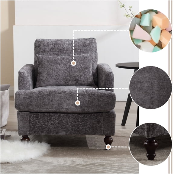 JERFIT Modern Upholstered Accent Chair with Solid Wood Frame, Mid-Century Tufted Club Chair, Soft Chenille Fabric Lounge Armchair for Living Room, Bedroom, Office in Gray