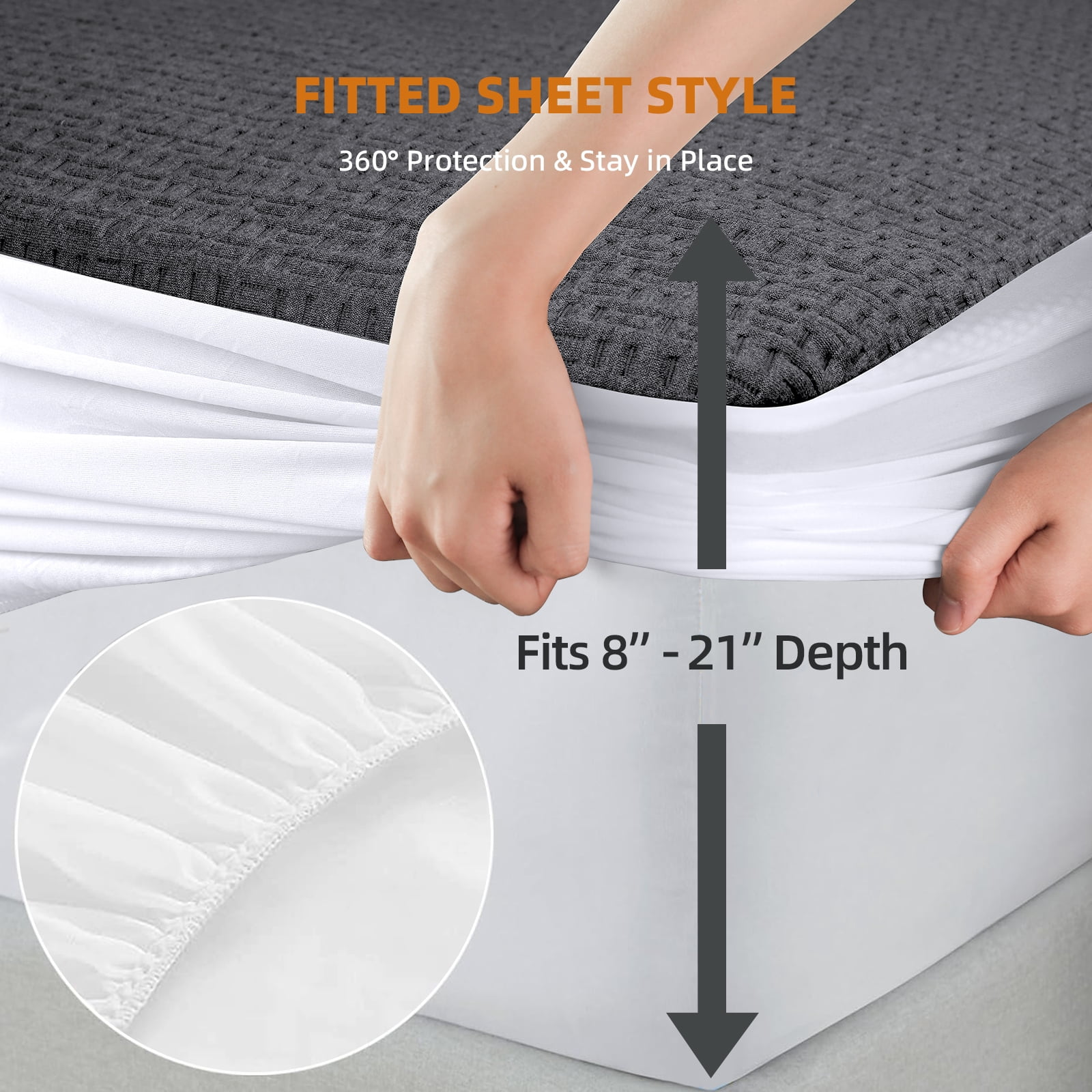 King Waterproof Mattress Protector, 3D Breathable Viscose from Bamboo Mattress Pad, Soft Noiseless Mattress Cover Bed Cover Fitted 8''-21'' Deep Pocket, Machine Washable, Grey
