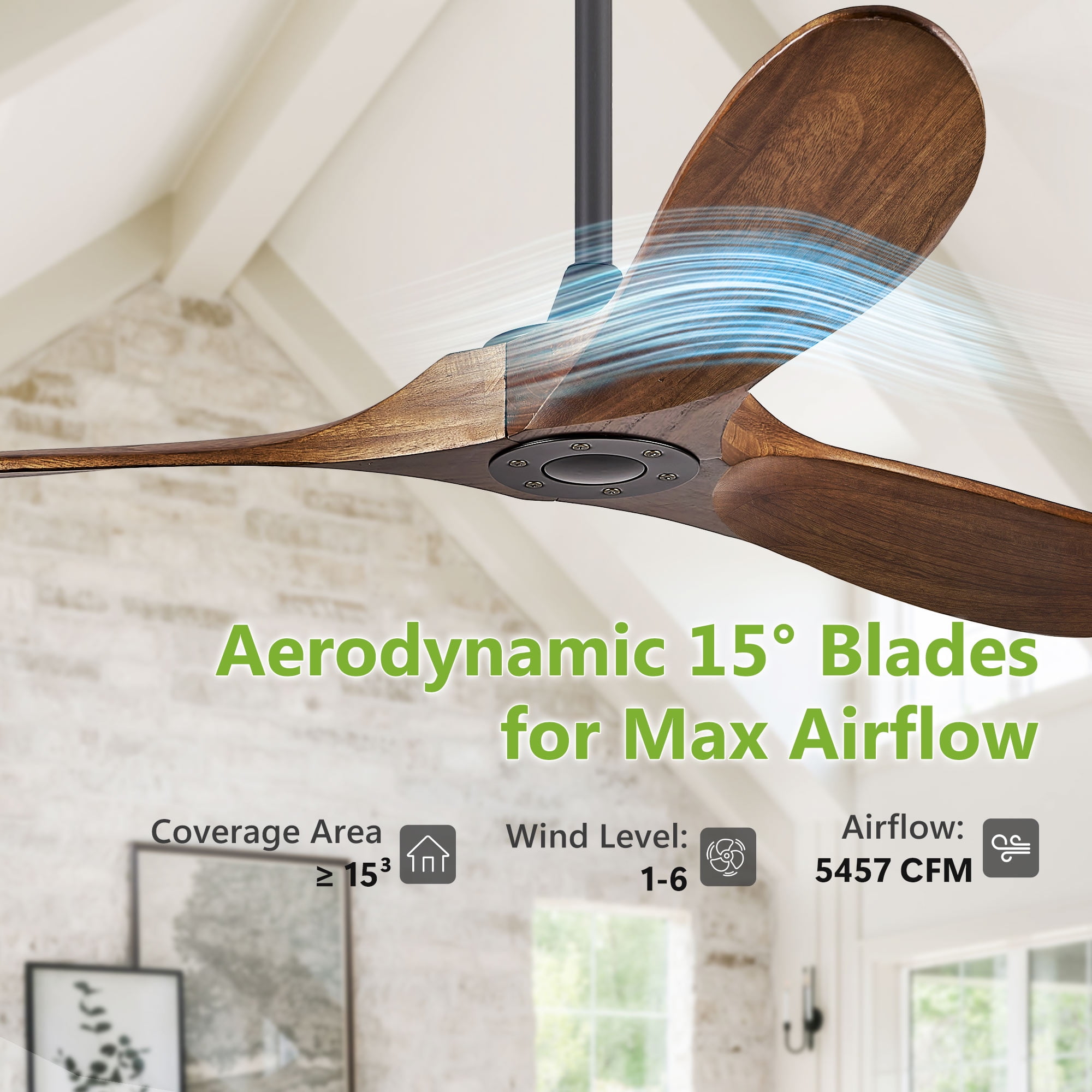 54" Modern 3-Blade Solid Walnut Ceiling Fan (No Light) - 6-Speed Quiet DC Motor Ceiling Fans With Remote Control, Indoor/Outdoor/Patio (Coastal/Farmhouse)