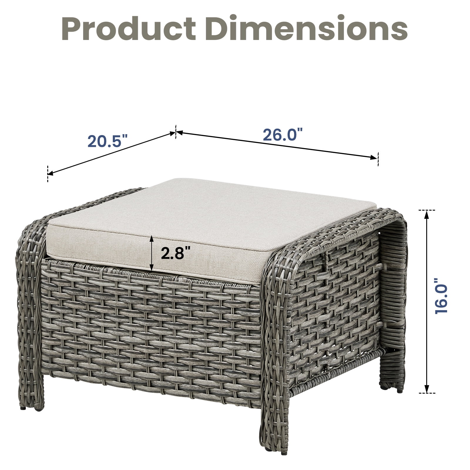 Hommoo Outdoor PE Wicker Ottomans Set of 2, Patio Rattan Footrests with Cushion for Backyard & Deck, Gray