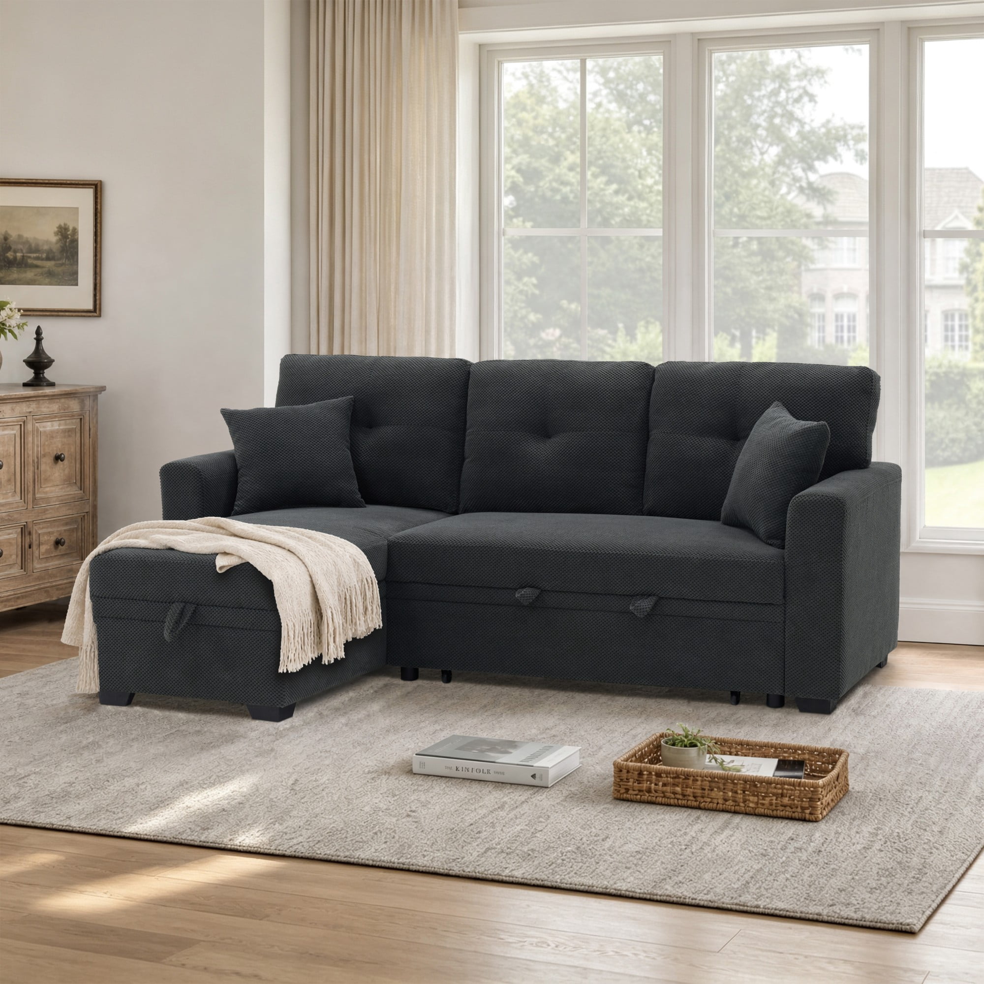 BSHTI 71"Foil Fabric L-Shaped Pull-Out Sleeper Sofa Bed with Reversible Chaise, Hidden Storage for Living Room（Dark Gray）