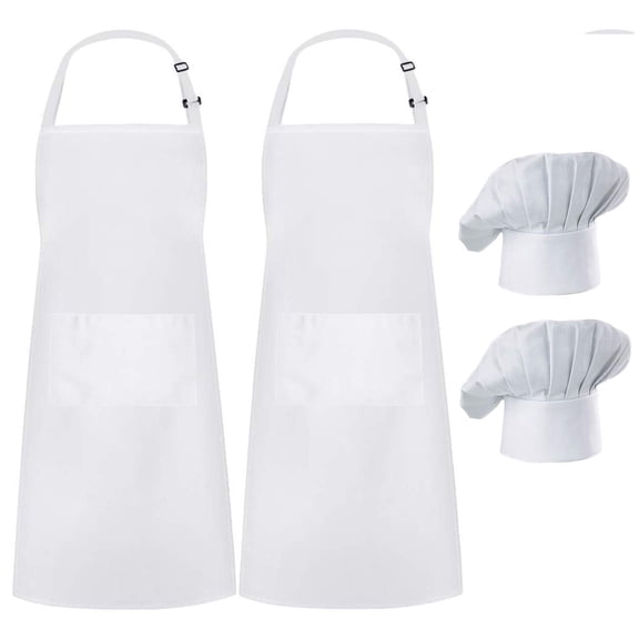 Hyzrz 2 Pack Apron Chef Hat Set, Adjustable Black Bib Cooking Aprons Water Drop Resistant Elastic Baker Kitchen Cooking Chef Cap Women Men Chef (White)