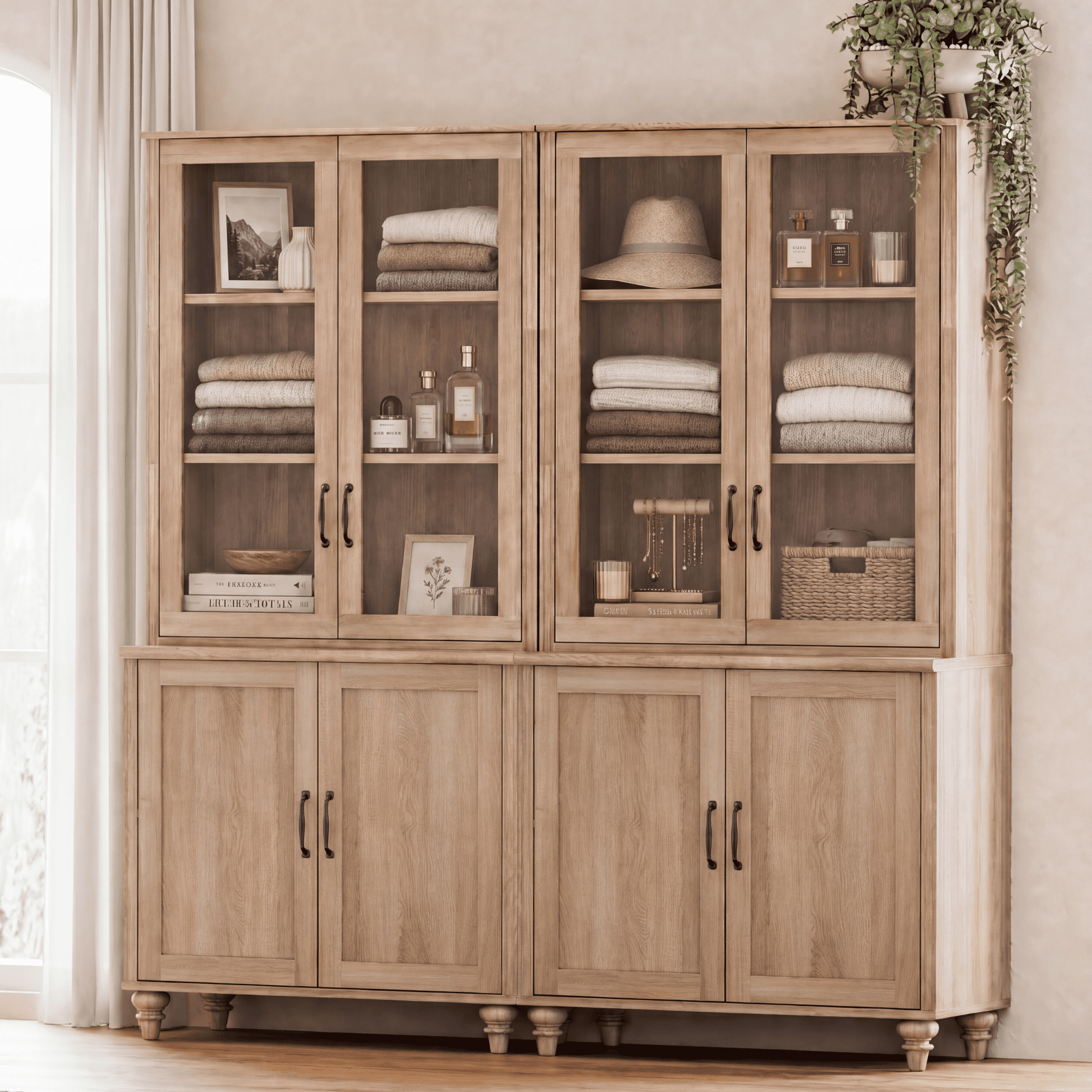 72"H Tall 5-Tier Bookcase with Glass Doors, Farmhouse Bookshelf with Ample Storage Cabinet, Large Library Wooden Bookshelves for Living Room, Office, Kitchen, Oak