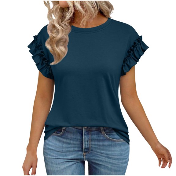 Vekome Short Sleeve Tops for Women Summer Plus Size Shirts Crewneck Casual Tee Shirts Solid Color Pullover Tops Navy 2XL