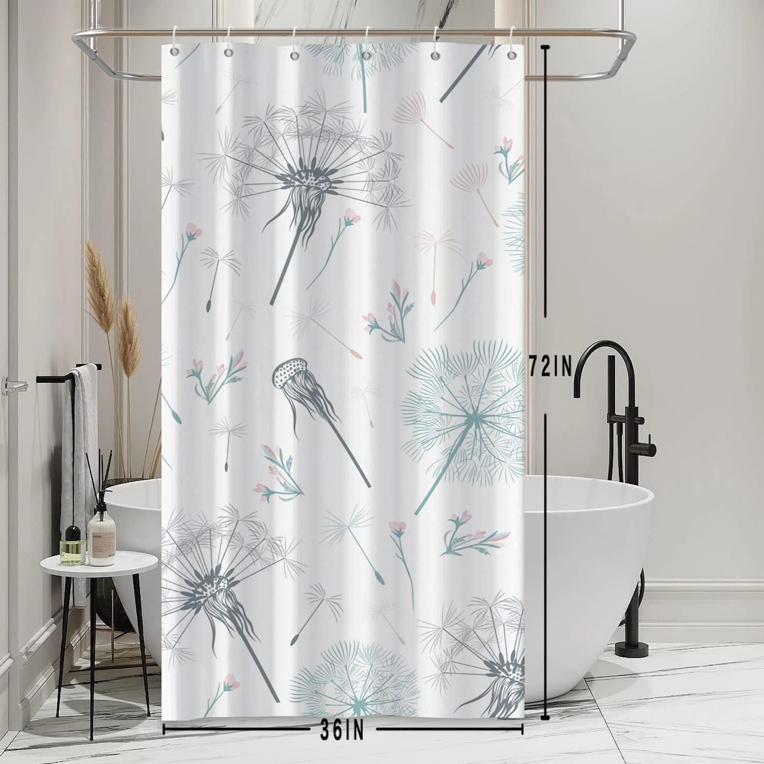 Stall Shower Curtain, Green and Grey Dandelion Shower Curtain for Bathroom Waterproof Fabric Spring RV Shower Curtain Set with Hooks, 36x72 Inch