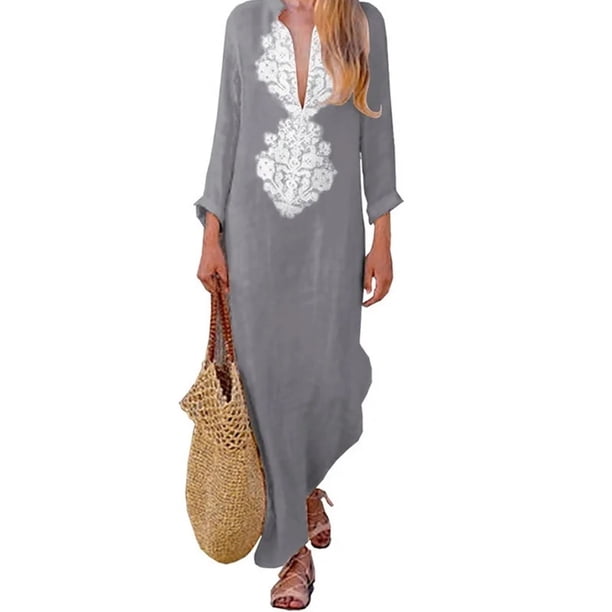 Vestido largo holgado de lino y algodón con manga larga y estampado paisley para mujer