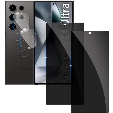 【2+2 Pack】 Privacy Screen Protector for samsung galaxy S24 Ultra 9H Tempered Glass Anti-Spy Private Film Compatible for Samsung S24 Ultra and (2 Pack) Camera Lens Protector