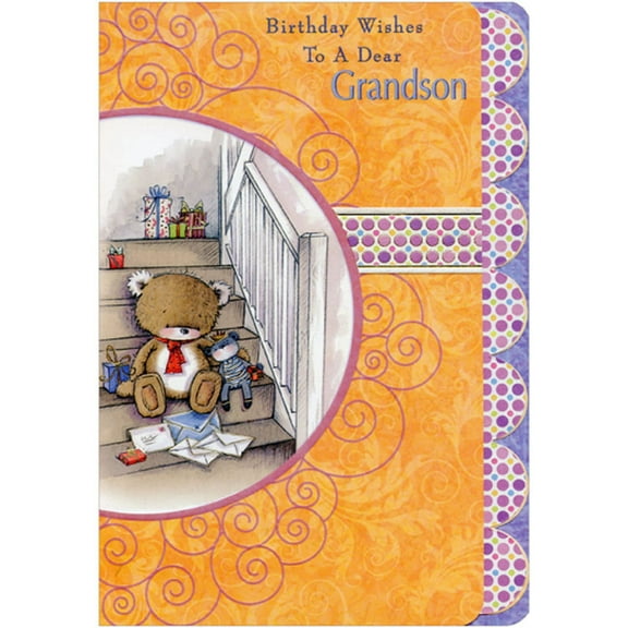 Designer Greetings Bear with Red Tie Sitting on Stairs Die Cut Juvenile Birthday Card for Grandson