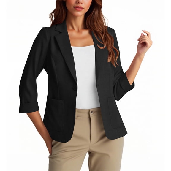 Bzhegqhd Women's Deep V Neck Blazer Jacket 3/4 Sleeve Button Front Slim Fit office Casual Suit Coat with Pockets