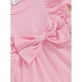 thumbnail image 6 of FEORJGP Infant Baby Girl Romper Dress 0 3M 6M 9M 12M 18M Newborn Short Sleeve Jumpsuit Solid Color Ribbed Ruffled Round Neck Bodysuit Dress with Bow Her Solid Cute Daily Clothes for Vacation, 6 of 8