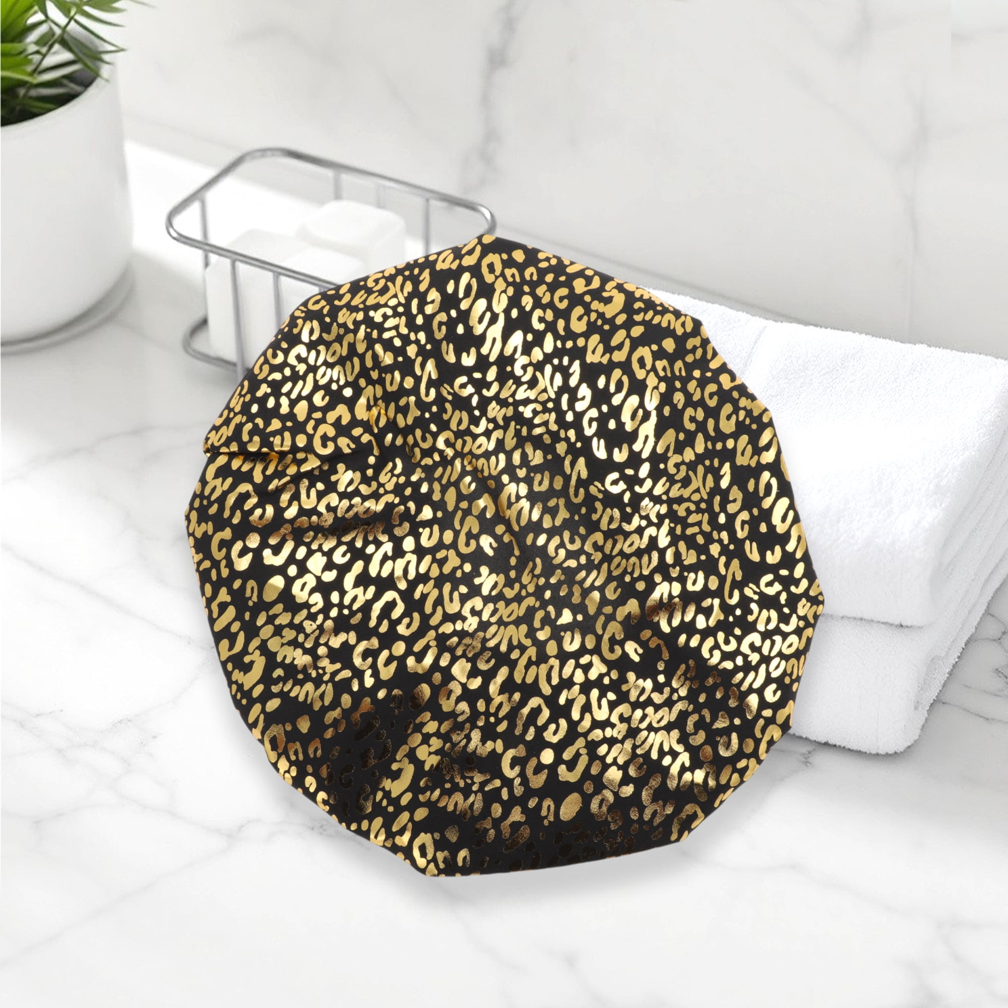 Unique Bargains Reusable Leopards Spots Shower Cap 3 Pcs Black