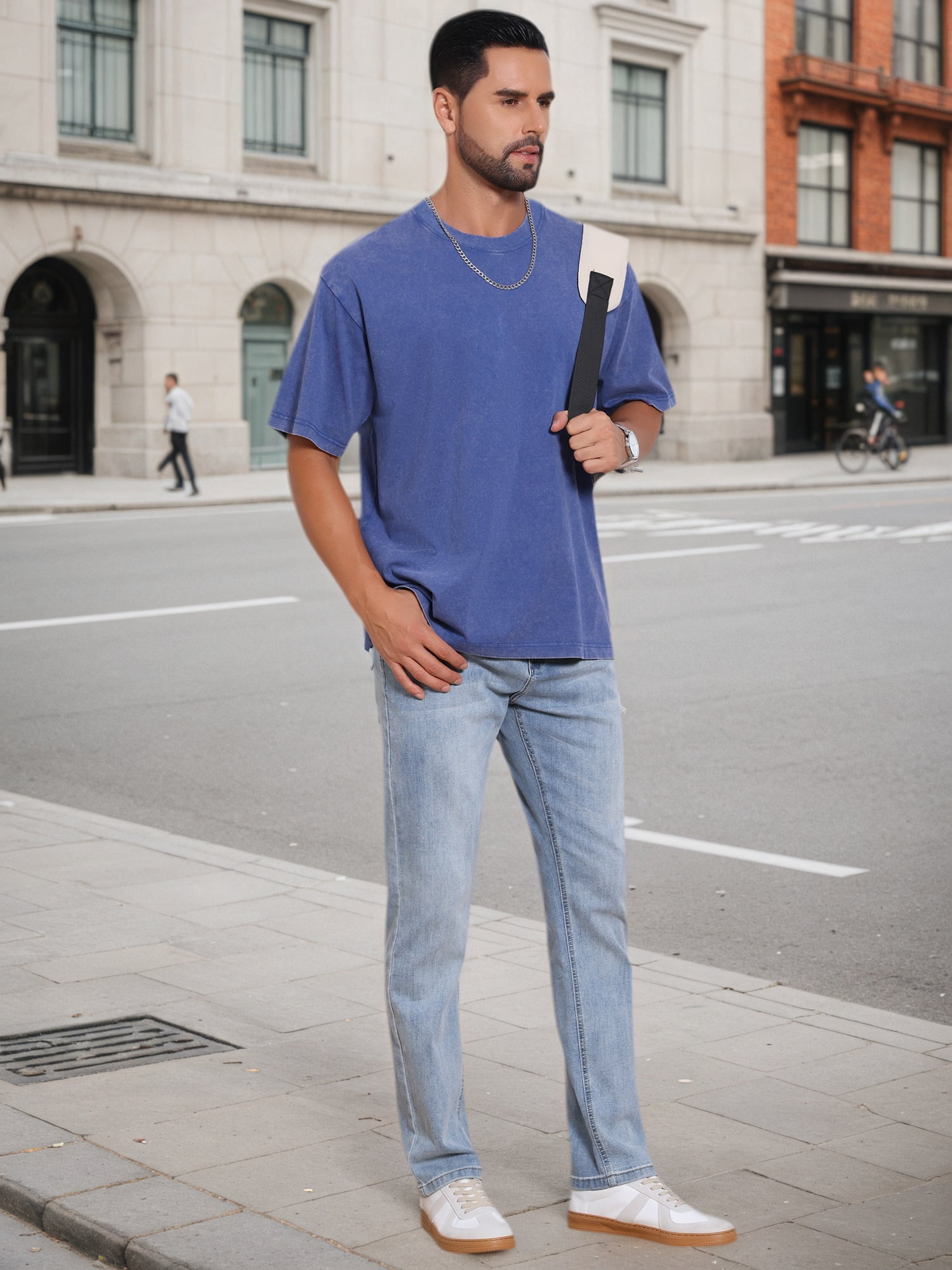 DARING DIVA Men's Retro Distressed Crew Neck Short Sleeve Solid T-Shirt 2XL Blue