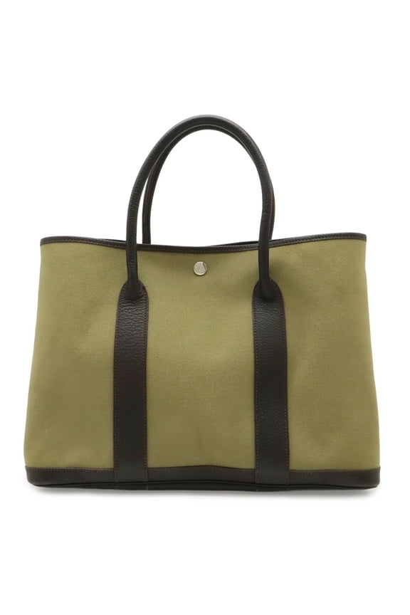 Pre-Owned HERMES Garden PM Tote Bag Handbag Canvas Leather Khaki Dark Brown P Stamp