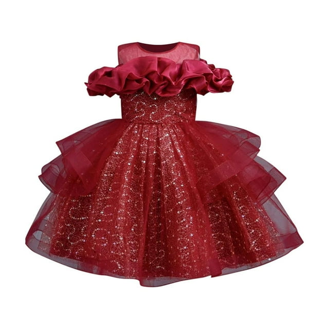 MeetoTime Girls Princess Dress Sleeveless Ruffled Lace Round-Neck Solid Color Mesh Formal Dresses 5-11 Years Children Clothes