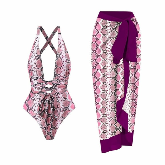 Lolmot Women's One-Piece Swimsuits Bikini Sets for Women Women's Sexy Deep V Lace Up One-Piece with Printed Swimsuit Long Skirt Set