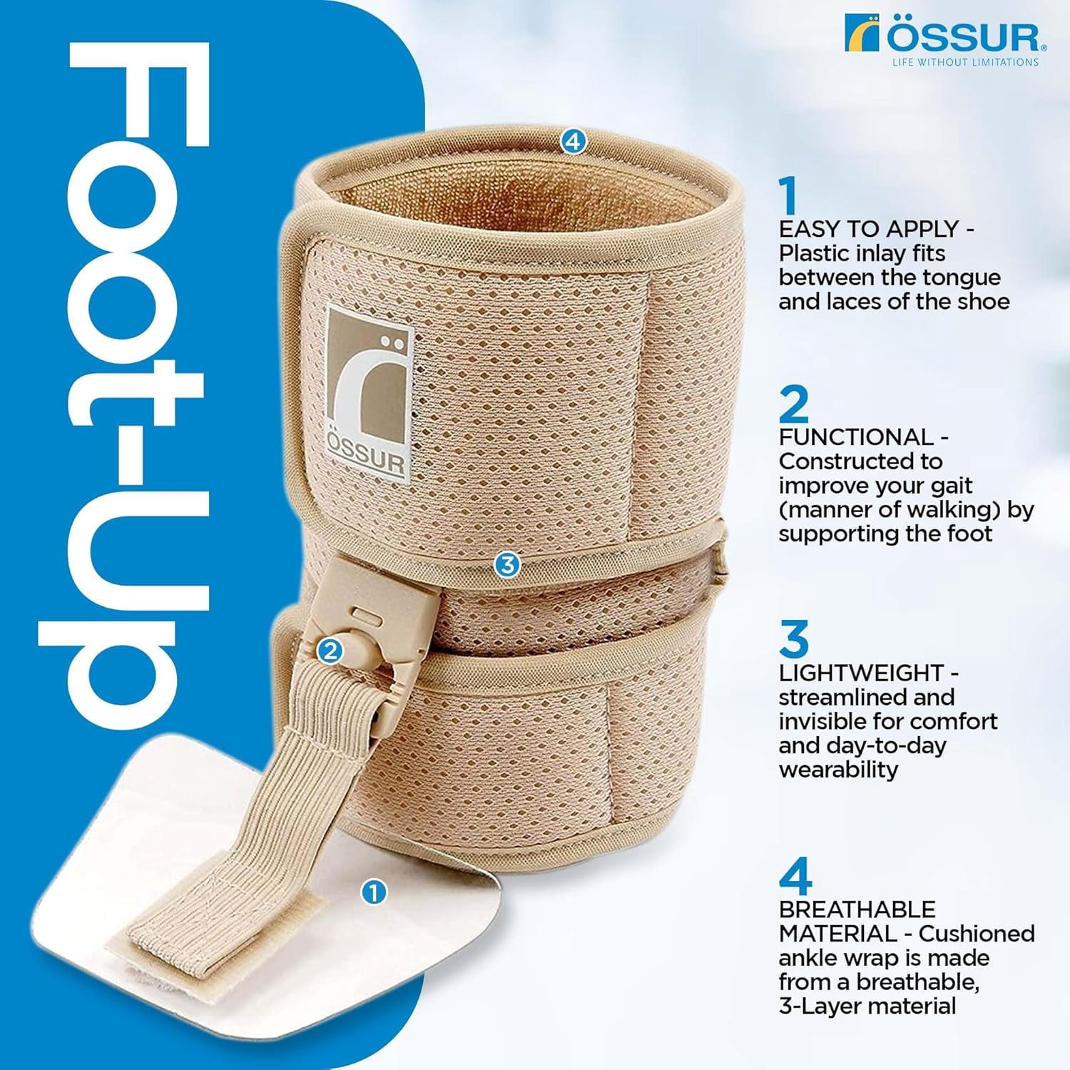 Ossur Ankle Brace, Foot Brace | AFO Foot Drop Brace for Drop Foot Support | Lightweight, Adjustable Wrap for All-Day Comfort | Breathable Material for All Day Walking (Beige, X-Large)