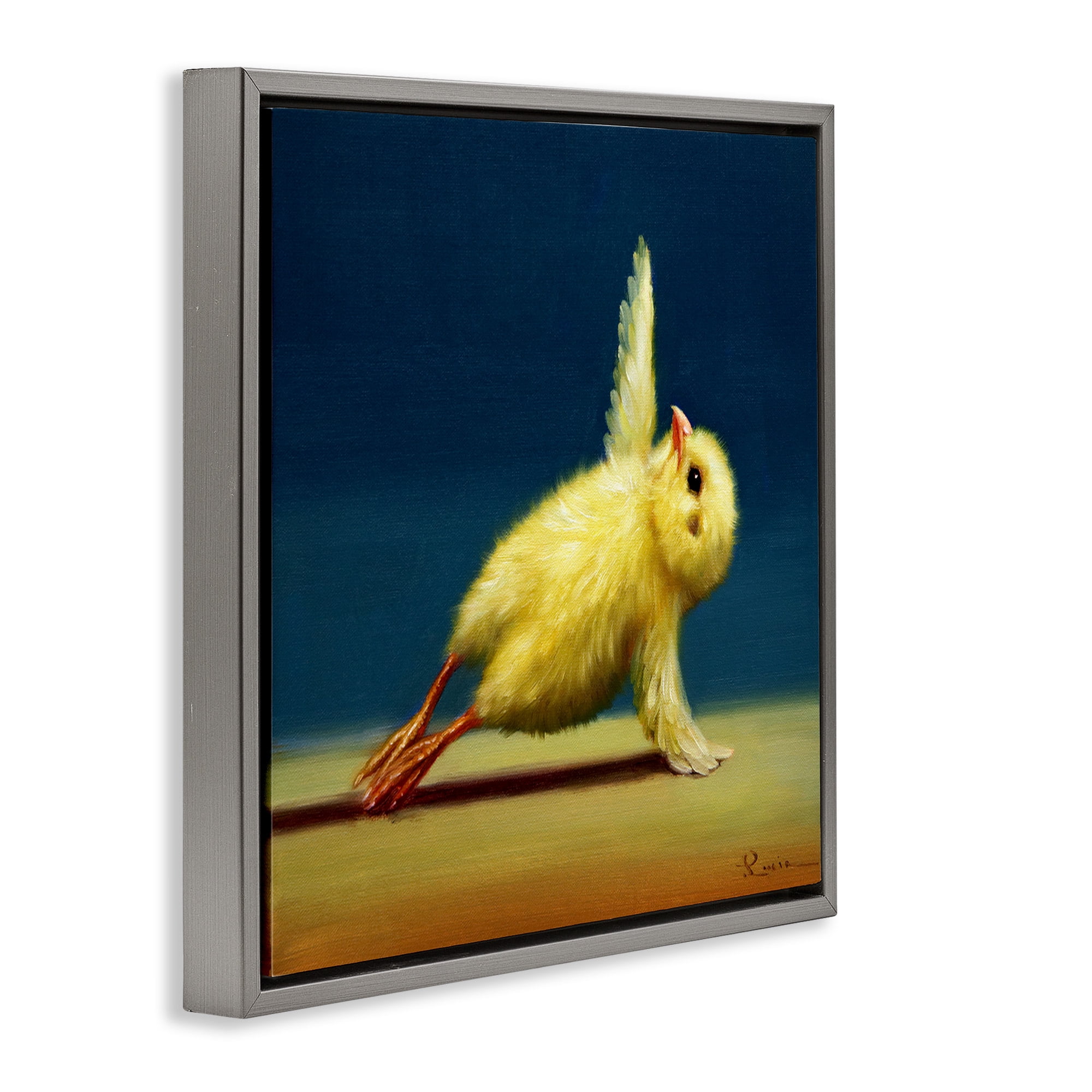 Stupell Industries Yellow Chick Stretching Yoga Animals & Insects Painting Gray Floater Framed Canvas Art Print Wall Art, 18 x 18