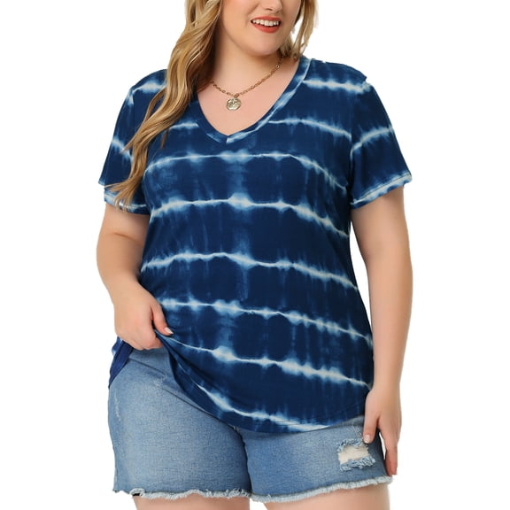 DARING DIVA Women's Plus Size V Neck Short Sleeve Tie Dye Tunic Top 1X Blue