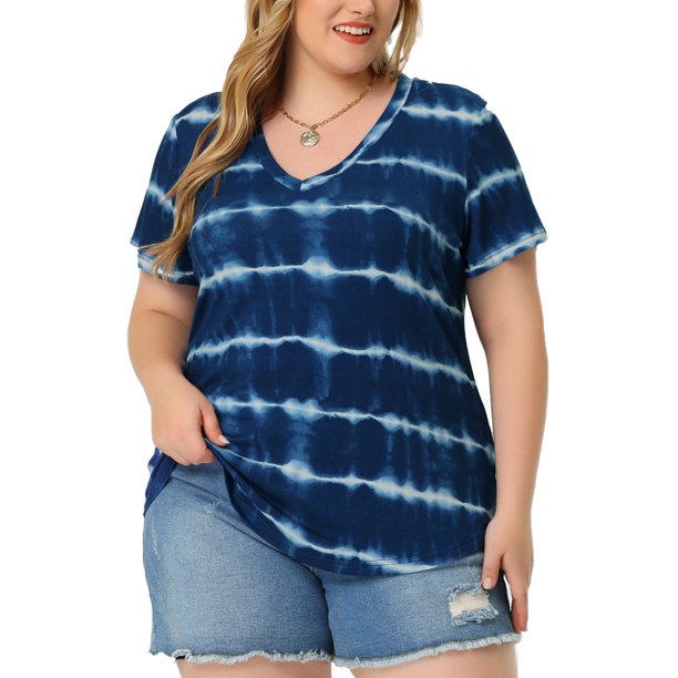 Unique Bargains Women's Plus Size Tshirts V Neck Short Sleeve Loose Tie