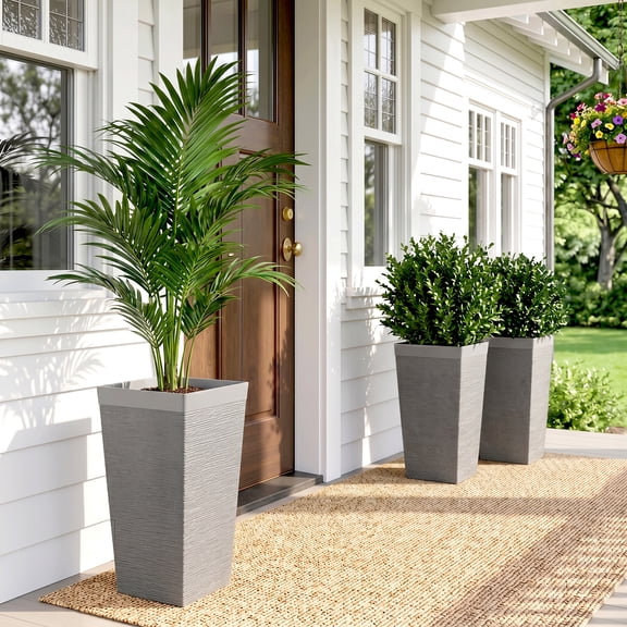 Outsunny 22.8 Inch Outdoor Planters, Set of 3 Plastic Flower Pots with Stone Finish and Wheels, Stackable Tapered Planters with Drainage Hole, Gray