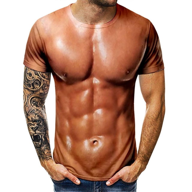 Men's 3D Muscle Print Shirt Funny Fake Muscle Bodybuilding T-Shirt Short Sleeve Nude Muscle Print Tshirt Top for Men Adults