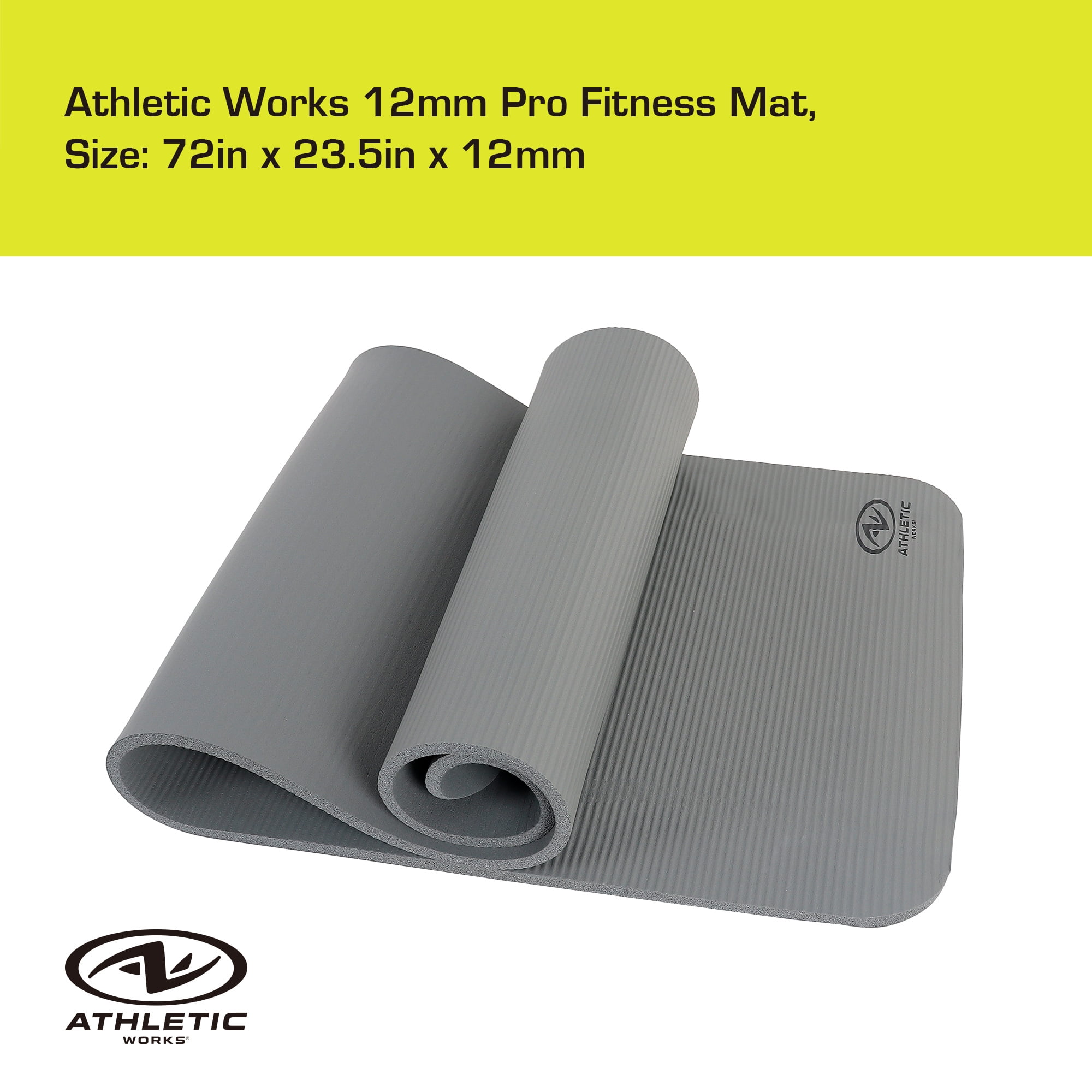 Athletic Works 12mm Fitness Mat, NBR Foam Gray Color, with Carry Strap, Size: 72inx23.5inx12mm