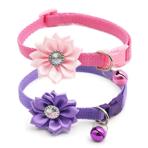 Miaocao Puppy Collar with Bell and Flower, 2 Pack XS Dog Collars with Bell and Floral Girl Cute for XXS XS Extra Small Female Dogs Cats Tiny Pets Little Kitten Yorkie Chihuahua Pink Purple